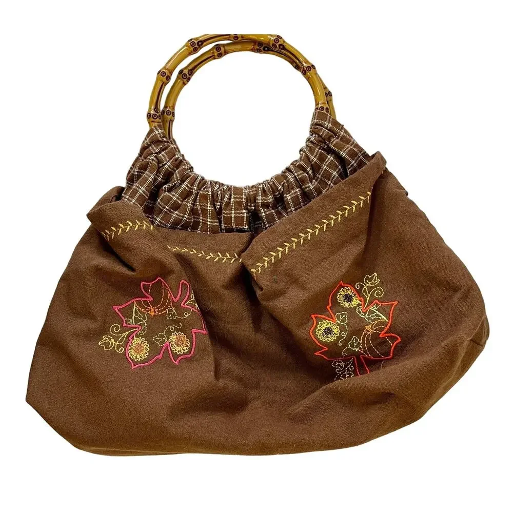 Faux Bamboo Handle Handbag Autumn Leaf Pumpkin Embroidery Brown Fabric Retro